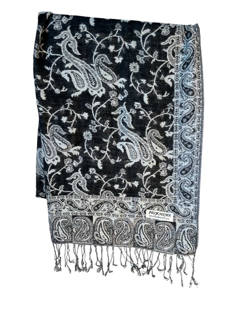 Pashmina silk black white paisley scarf shawl career mature staple